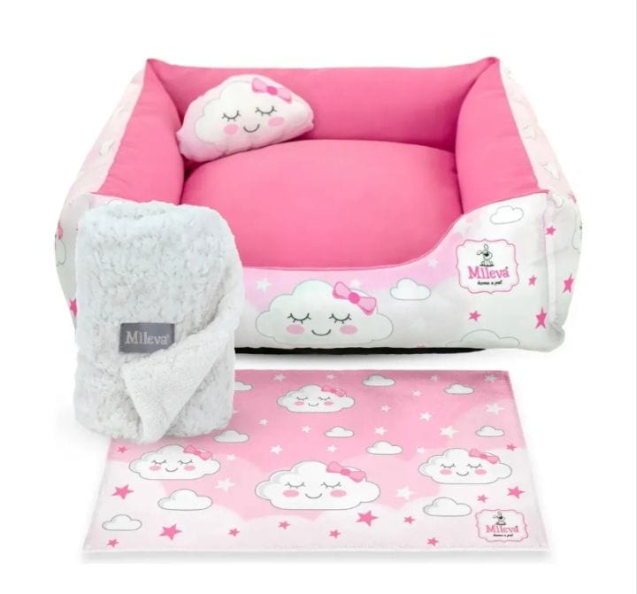 Cama Pet Oxford + Coberdrom + Tapete Estampado 04 Peças - Nuvem Rosa