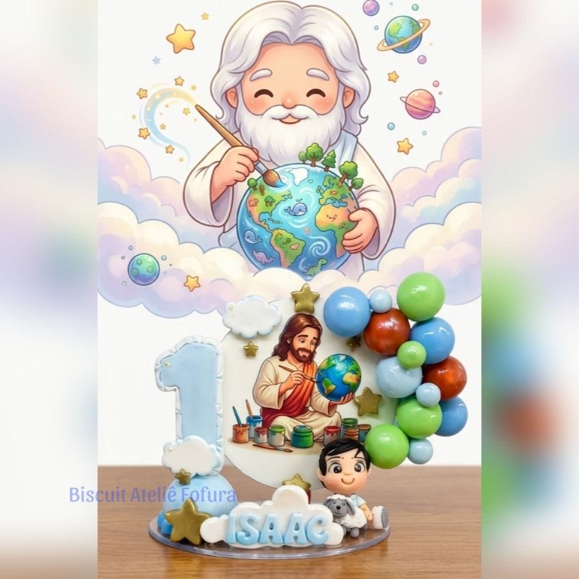 Topo de bolo cenário tema pintura de Deus