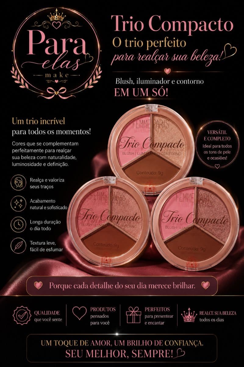 Trio compacto iluminador+blush+contorno