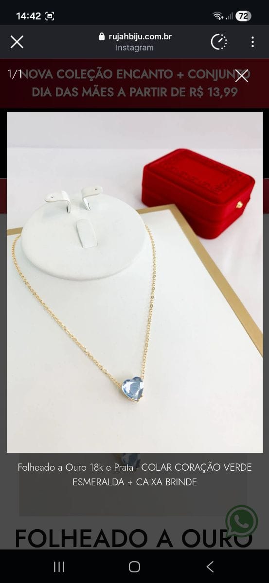 Folheado a Ouro 18k e Prata - COLAR CORAÇÃO VERDE ESMERALDA + CAIXA BRINDE