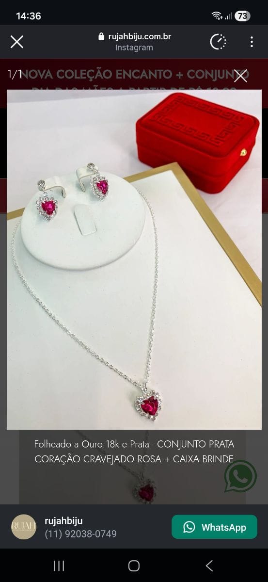 Folheado a Ouro 18k e Prata - CONJUNTO PRATA CORAÇÃO CRAVEJADO ROSA + CAIXA BRINDE