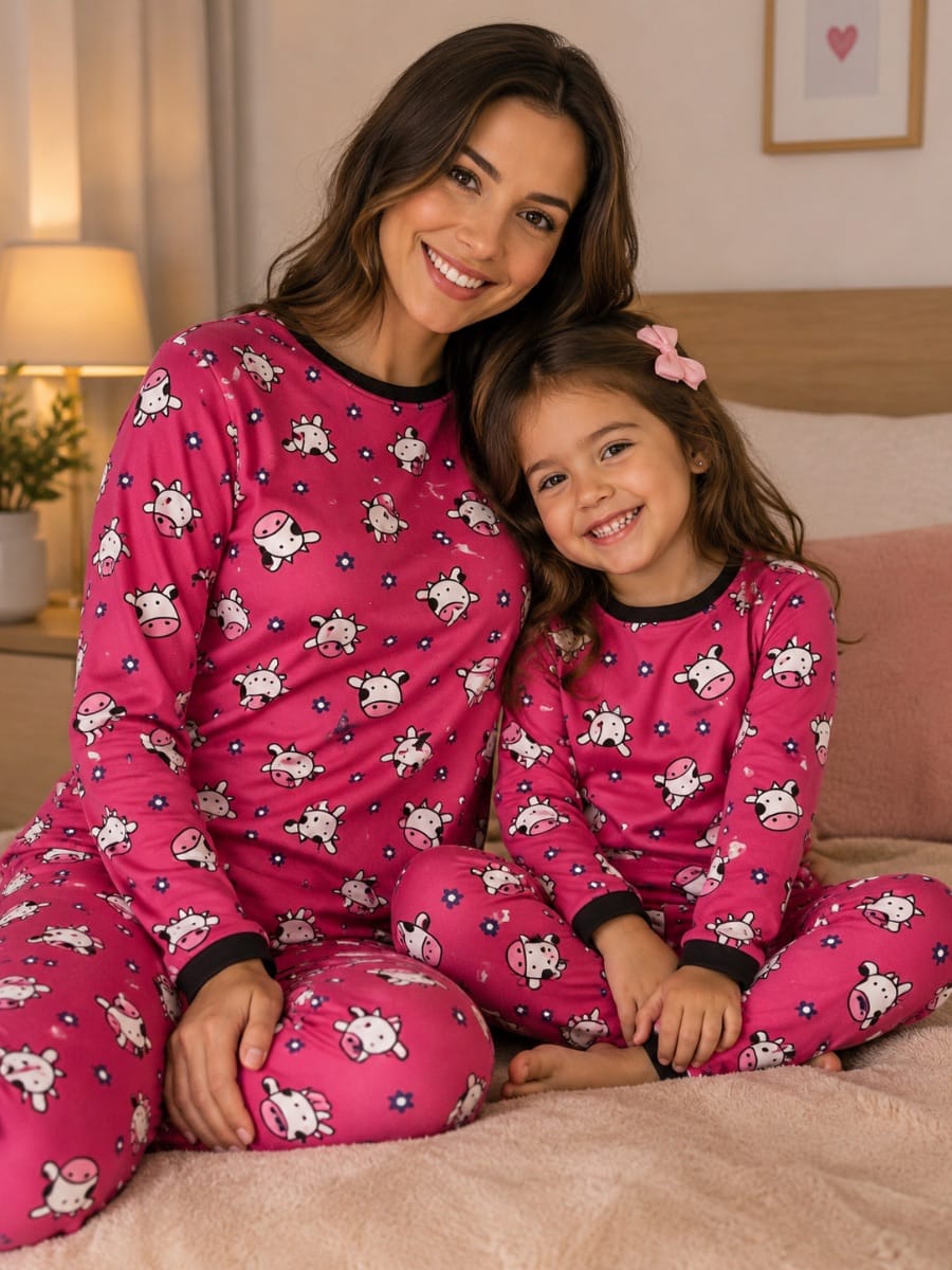 Pijamas de vaquinha mamãe e filhinha