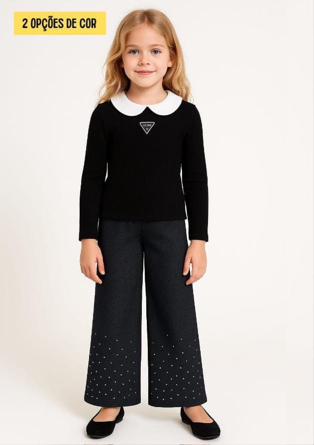 Conjunto blusa de colarinho e calça