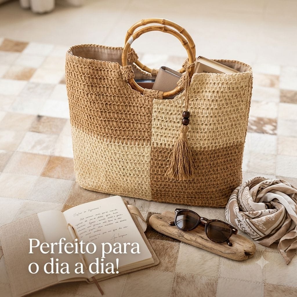 Bolsa artesanal palha alça de bambun