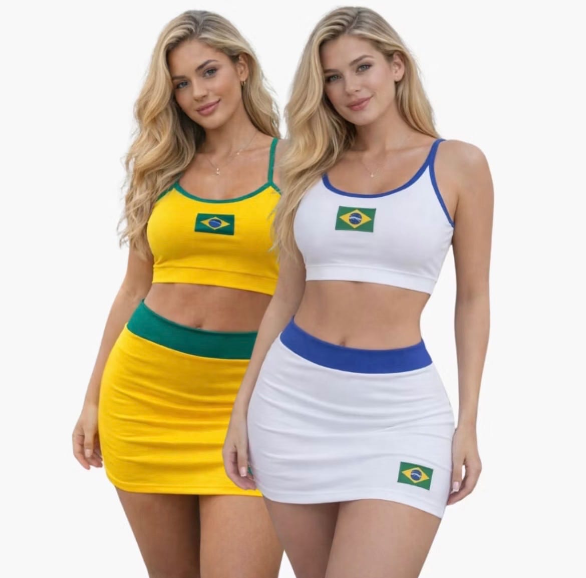 Conjunto Feminino Cropped + Saia Curta do Brasil Suplex Estilo Copa Verão Praia Casual Fashion