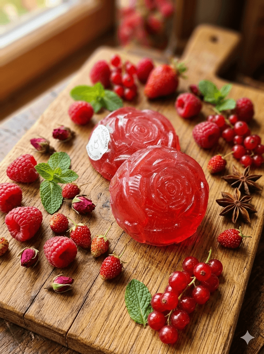 Sabonete formato de rosa frutas vermelha e extrato glicólico de babosa