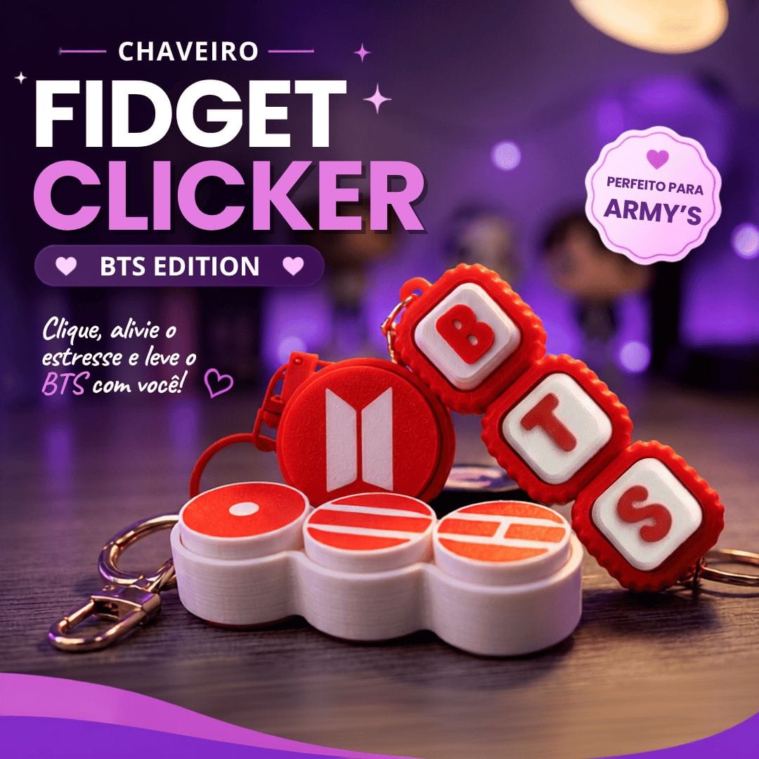 Kit Chaveiros Fidget Clicker BTS | Sensorial Antiestresse | 3 Modelos | Presente para ARMY