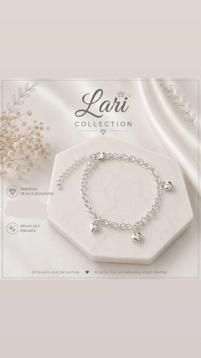 Pulseira 5 corações em prata.