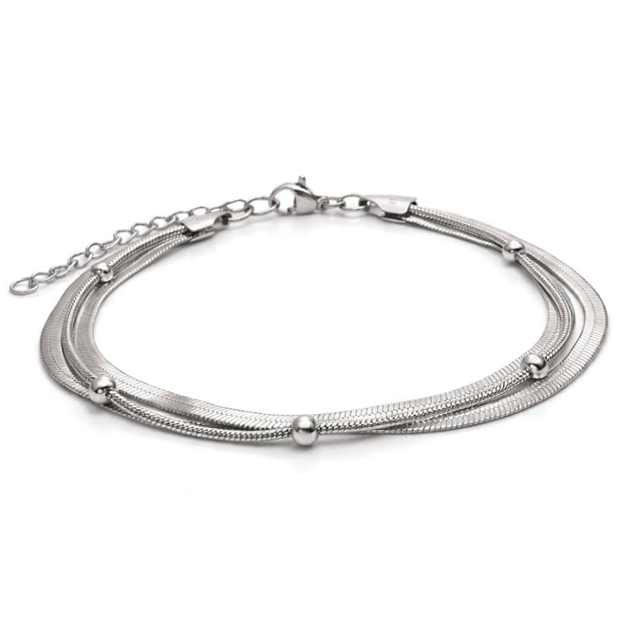 Pulseira tripla banho Fita cetim, corrente Serpente c/ 6 bolinhas
